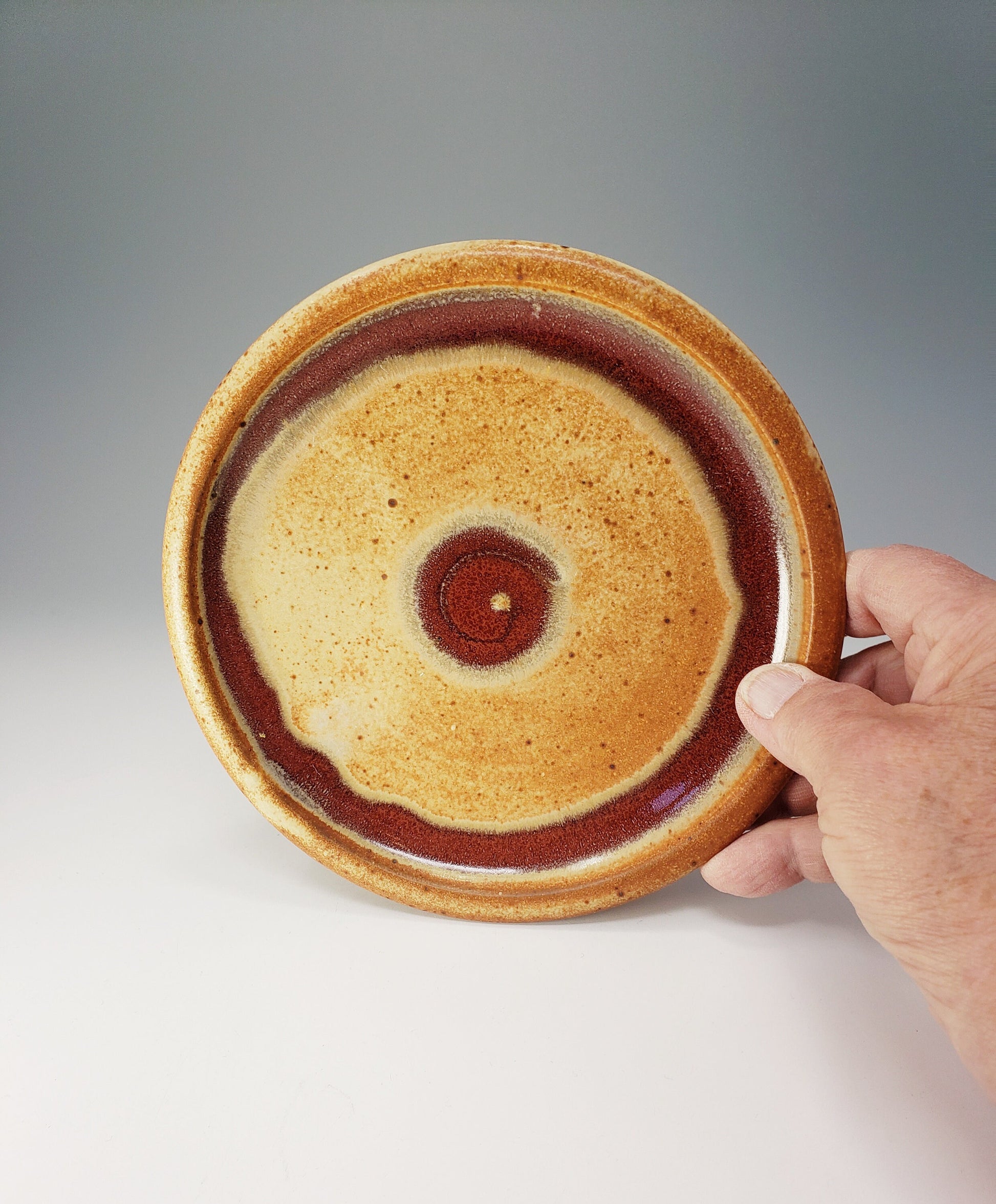 Ceramic Side or Under Plate - Tan with a Red Stripe and Swirl - Handmade Pottery