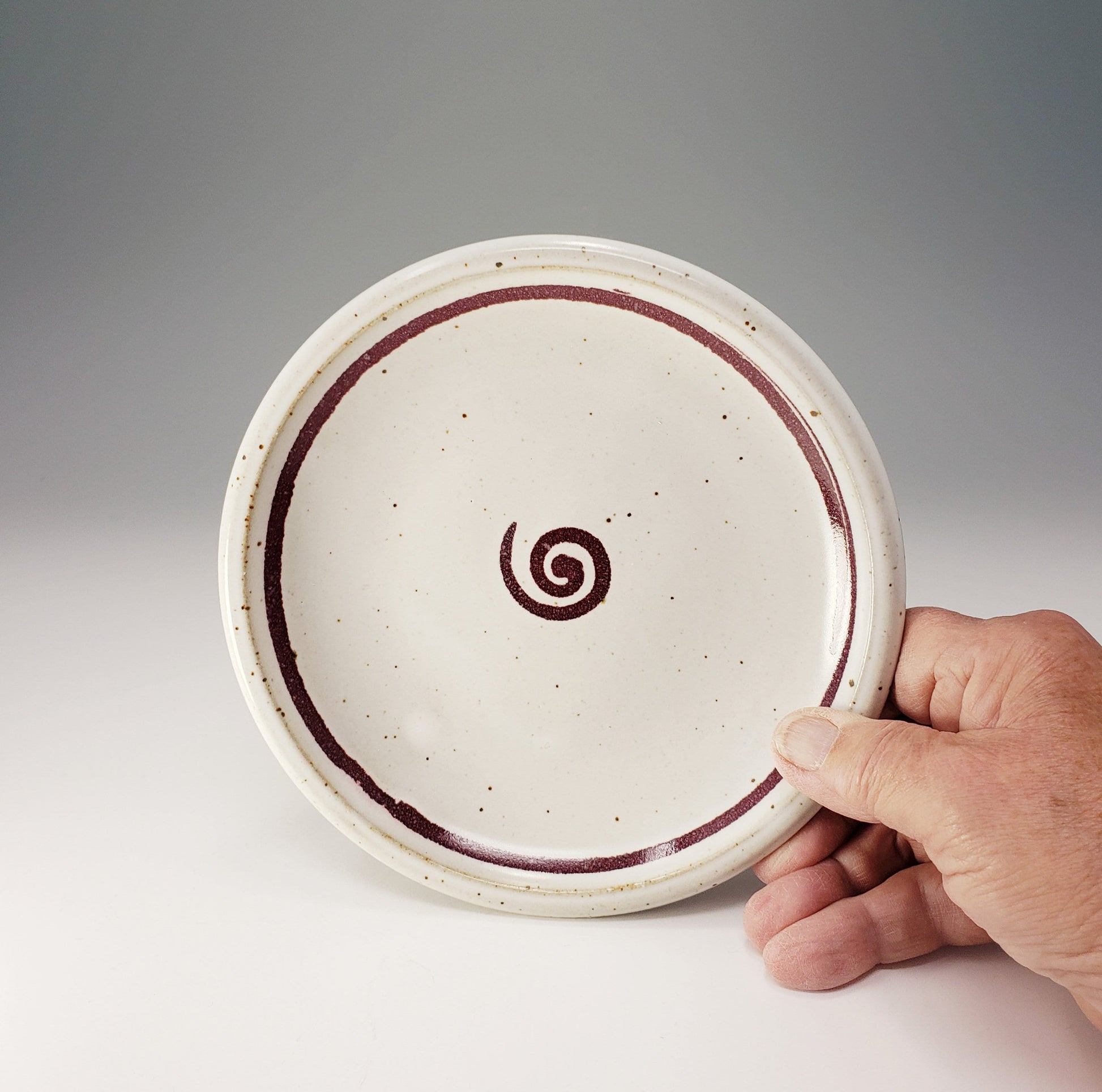 Ceramic Side or Under Plate - White with Purple Stripe and Swirl - Handmade Pottery