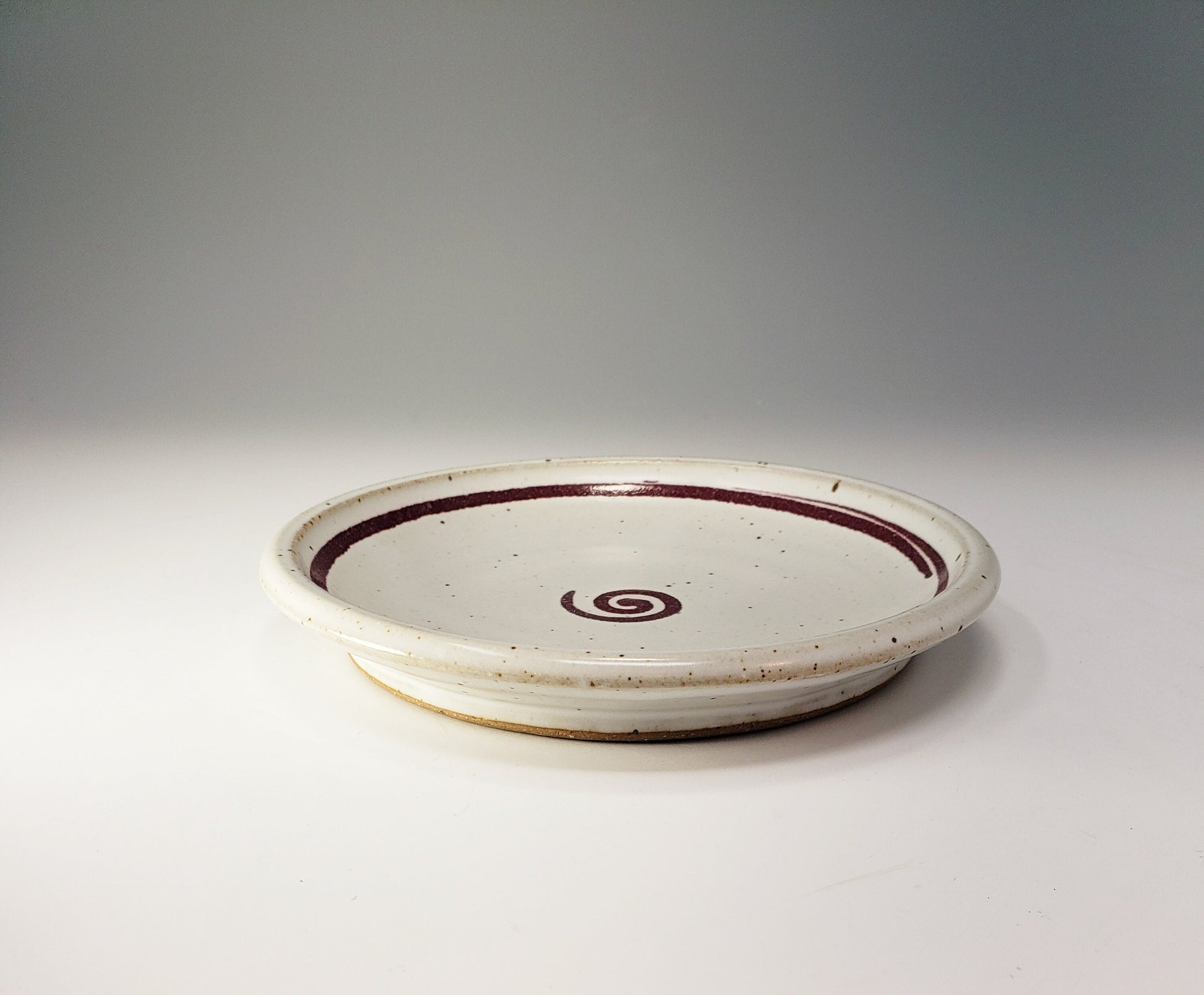 Ceramic Side or Under Plate - White with Purple Stripe and Swirl - Handmade Pottery