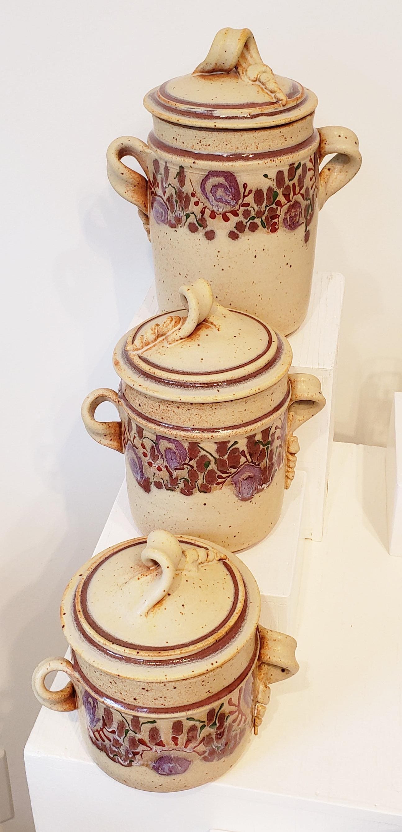 Tall Lidded Ceramic Canisters Set of 3 with Handles - Tan and Purple - Unique Handmade Pottery