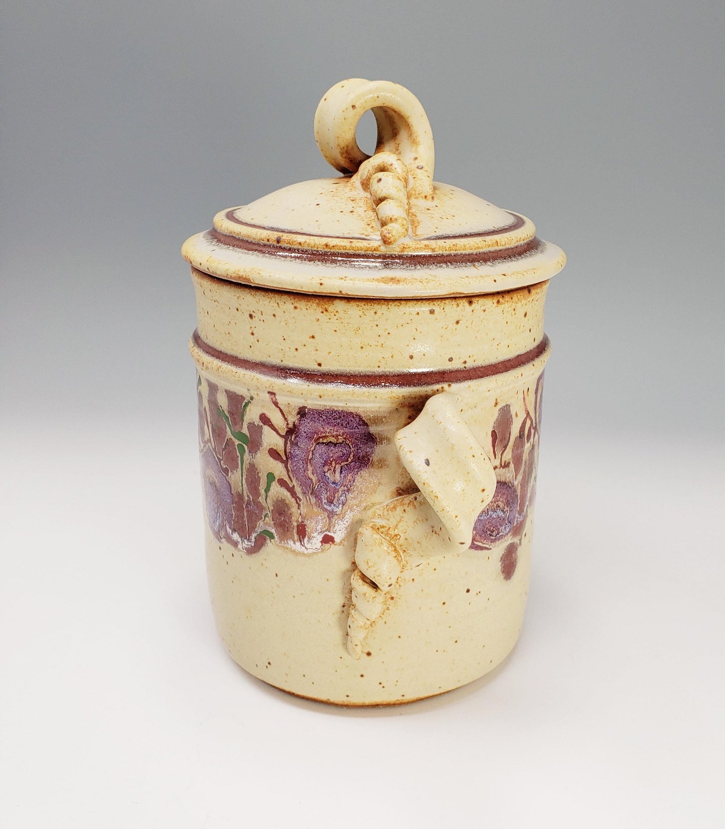 Tall Lidded Ceramic Canisters Set of 3 with Handles - Tan and Purple - Unique Handmade Pottery